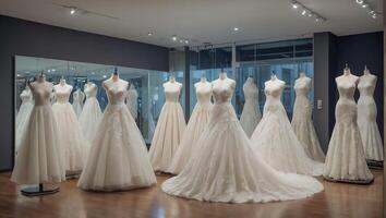 AI generated Beautiful wedding dresses in the salon photo