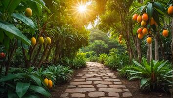 Beautiful alley with mango trees in the garden photo