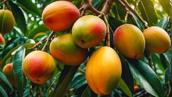 ai generado maduro mangos en un rama en el jardín foto