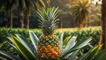 AI generated Harvest of fresh pineapples growing in the garden photo