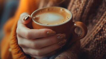 AI generated Close-up of a woman's hand holding a cup of coffee, background image, generative AI photo