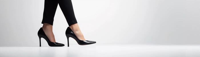 AI generated A woman's feet walking wearing black high heels on white background, background image, generative AI photo