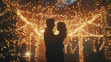 ai generado Pareja bailando debajo un pabellón de centelleo hada luces, San Valentín día vibras, antecedentes imagen, generativo ai foto