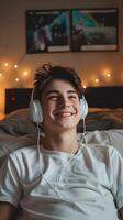 ai generado retrato de un blanco Adolescente masculino sonriente mientras vistiendo inalámbrico auriculares en contra su dormitorio fondo, generativo ai, antecedentes imagen foto