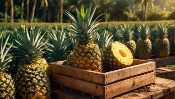 AI generated Harvest of fresh pineapples growing in the garden photo