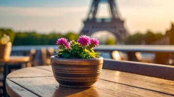 ai generado mesa en un cafetería, flores en contra el fondo de el eiffel torre foto