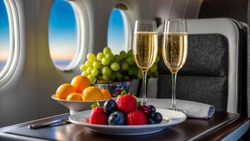 ai generado vaso de champán, Fruta en el mesa en el avión foto