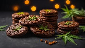 AI generated Delicious chocolate cookies, marijuana leaf photo