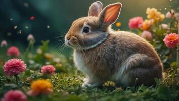 AI generated cute fluffy bunny with flowers photo