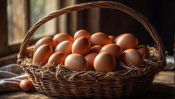 ai generado Fresco huevos en un cesta en el cocina foto