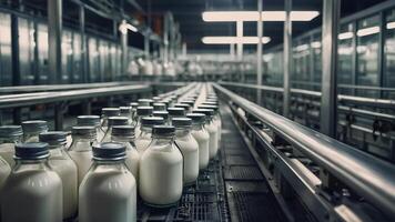 AI generated Conveyor with milk bottles photo