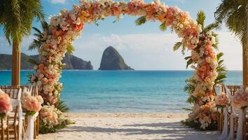 AI generated Beautiful wedding arch with flowers against the background of the sea photo