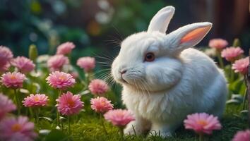 AI generated cute fluffy bunny with flowers photo