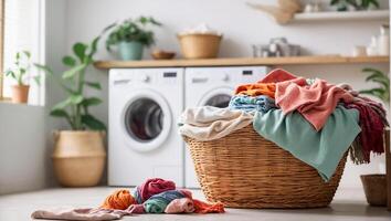 AI generated Basket with colored laundry for washing in laundry room photo