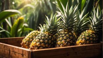 AI generated Harvest of fresh pineapples growing in the garden photo