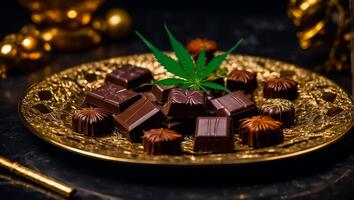 AI generated Delicious chocolate with marijuana leaf on dark background photo