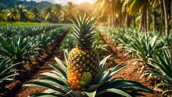 AI generated Harvest of fresh pineapples growing in the garden photo