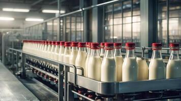 AI generated Conveyor with milk bottles photo