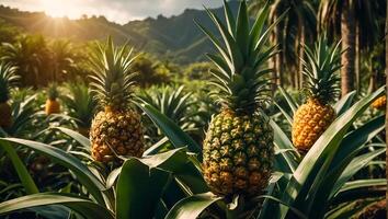 AI generated Harvest of fresh pineapples growing in the garden photo