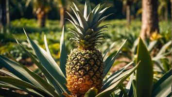 AI generated Harvest of fresh pineapples growing in the garden photo