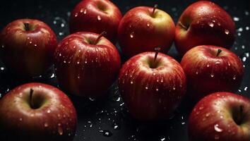 AI generated Juicy ripe red apples on a dark background photo