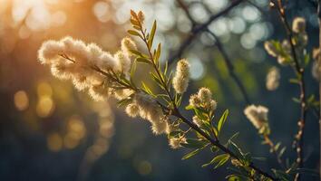 AI generated fluffy willow branch in nature photo