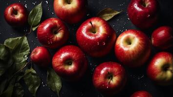 AI generated Juicy ripe red apples on a dark background photo