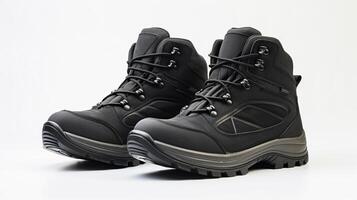 AI generated Black Hiking Boots isolated on flat white background with copy space for advertisement. Generative AI photo