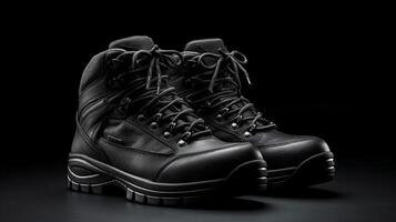 AI generated Black Hiking Boots isolated on flat white background with copy space for advertisement. Generative AI photo