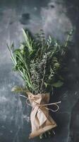 AI generated Herb Bundle Composition, medicinal herbs tied with twine or ribbon, background image, generative AI photo