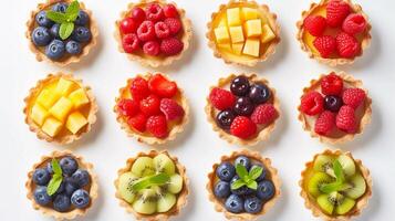 AI generated Fruit Tartlets, variety of fruit tartlets arranged in a visually appealing pattern on a white background, background image, generative AI photo