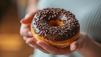 ai generado de cerca de un mujer mano participación un delicioso chocolate coronado rosquilla, antecedentes imagen, generativo ai foto