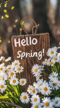 AI generated Photo of text 'Hello Spring' written with marker on wooden board, generative AI