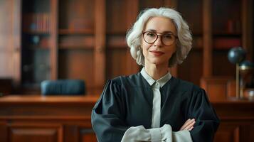 AI generated Portrait of a white middle-aged female judge on duty against court atmosphere background, background image, generative AI photo