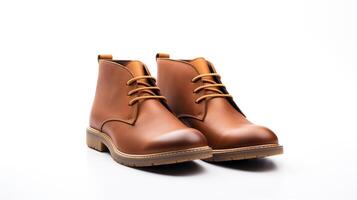 AI generated Tan Chukka Boots isolated on flat white background with copy space for advertisement. Generative AI photo