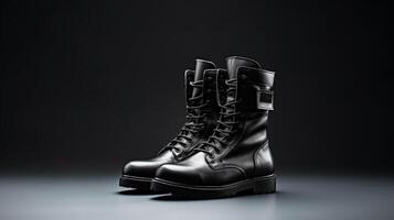 AI generated Black Combat Boots isolated on flat white background with copy space for advertisement. Generative AI photo