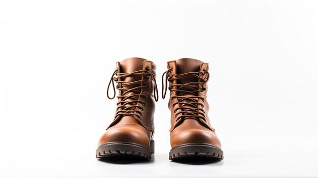 AI generated Brown Combat Boots isolated on flat white background with copy space for advertisement. Generative AI photo