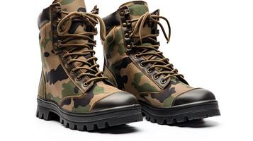 AI generated Camouflage Combat Boots isolated on flat white background with copy space for advertisement. Generative AI photo