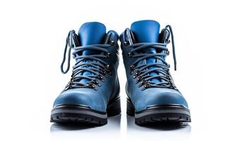 AI generated Blue Hiking Boots isolated on flat white background with copy space for advertisement. Generative AI photo