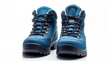 AI generated Blue Hiking Boots isolated on flat white background with copy space for advertisement. Generative AI photo