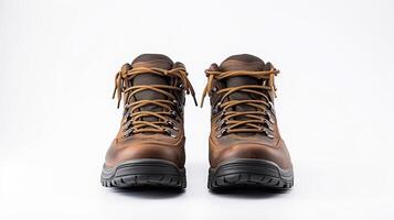 AI generated Brown Hiking Boots isolated on flat white background with copy space for advertisement. Generative AI photo