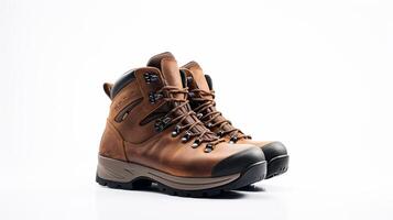 AI generated Brown Hiking Boots isolated on flat white background with copy space for advertisement. Generative AI photo