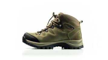 AI generated Green Hiking Boots isolated on flat white background with copy space for advertisement. Generative AI photo