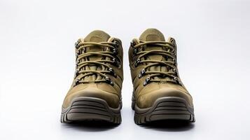AI generated Olive Hiking Boots isolated on flat white background with copy space for advertisement. Generative AI photo