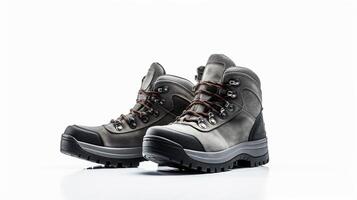 AI generated Grey Hiking Boots isolated on flat white background with copy space for advertisement. Generative AI photo