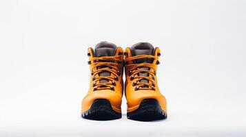 AI generated Orange Hiking Boots isolated on flat white background with copy space for advertisement. Generative AI photo