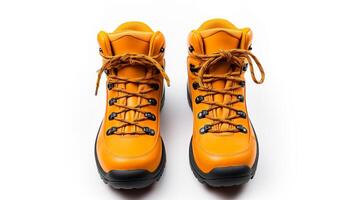 AI generated Orange Hiking Boots isolated on flat white background with copy space for advertisement. Generative AI photo