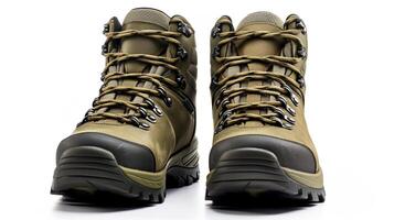 AI generated Olive Hiking Boots isolated on flat white background with copy space for advertisement. Generative AI photo