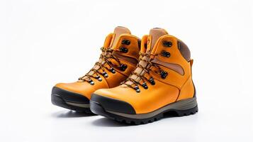 AI generated Orange Hiking Boots isolated on flat white background with copy space for advertisement. Generative AI photo