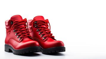 AI generated Red Hiking Boots isolated on flat white background with copy space for advertisement. Generative AI photo